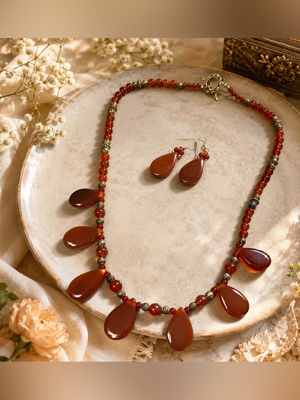 Artisan Made OOAK Carnelian Red Agate Teardrop Necklace and Earrings Boho 20”